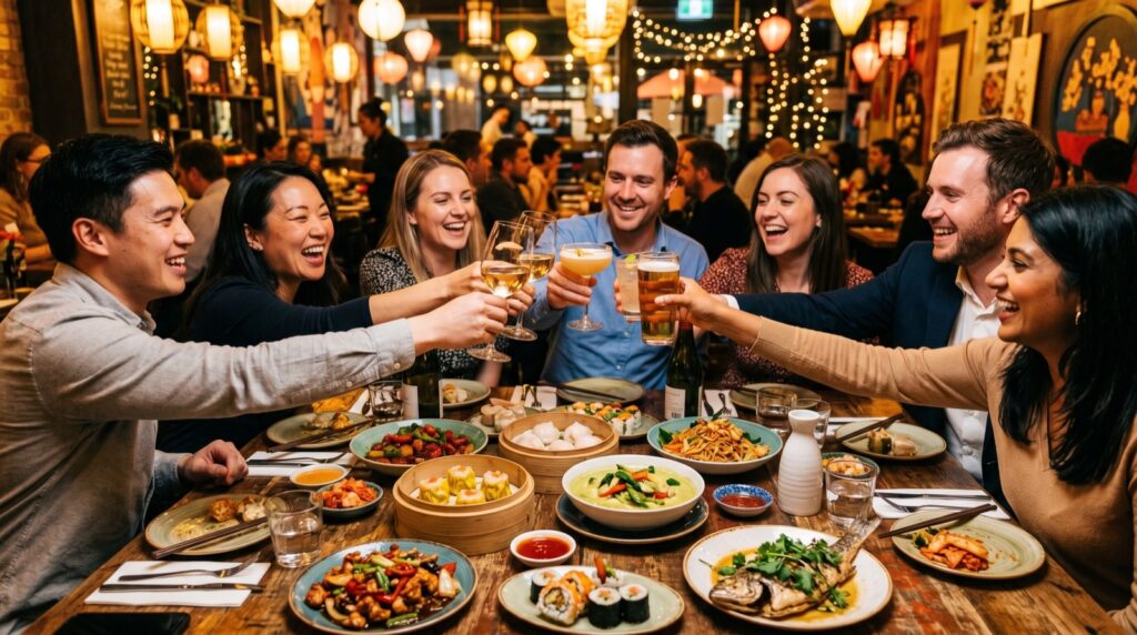 Friends toasting at a festive Asian celebration dinner